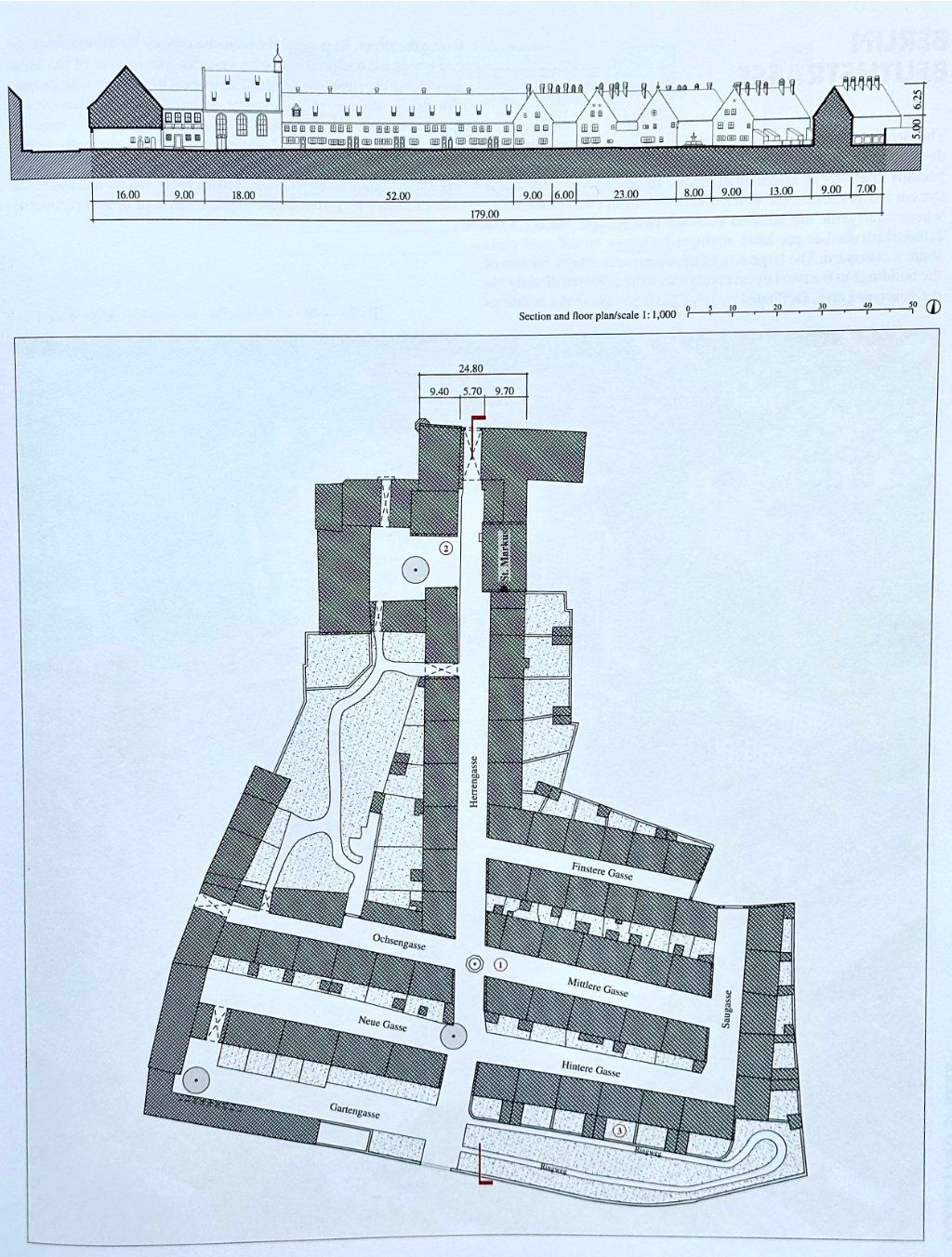 Doorsnede en plattegrond van Die Fuggerei (Mäckler e.a. 2025: 163).