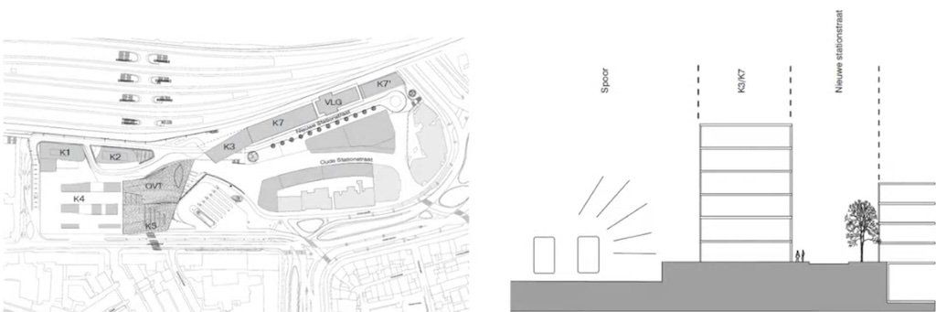 Bouwvolumes langs de spoorzone, plattegrond en dwarsprofiel. Beeld: UNS