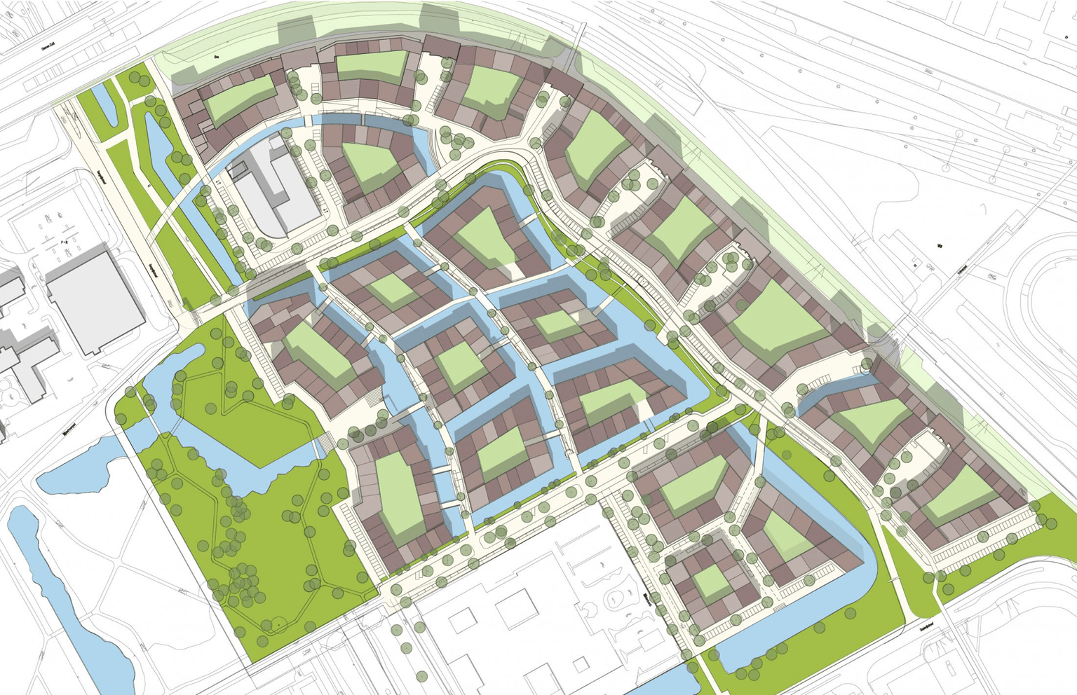 De geknikte rooilijnen, de steeds anders gedetailleerde gevels en de verschillende maten van de openbare ruimtes zorgen voor een heterogene geluidsomgeving.