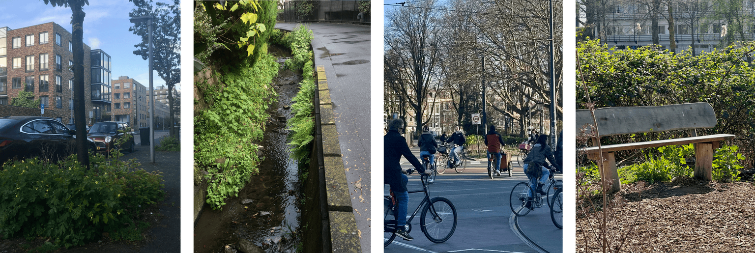 Boomtuintjes, stromend water, 30km/u zone, houten bank met bodembedekking van houtsnippers. Foto's resp. Marcel Cobussen, Linka Tutti, Michiel Huijsman (2x)